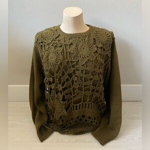 Wool olive green long-sleeve knit sweater with crochet sunflowers paneling